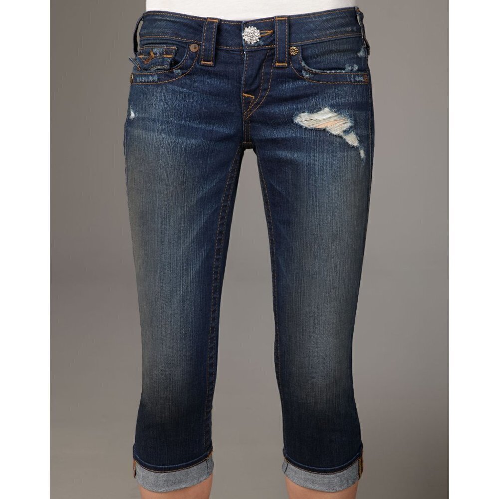 True Religion Lily Reclaimed Skinny Cropped Crystal Button Jeans Sz 26 NWT $277